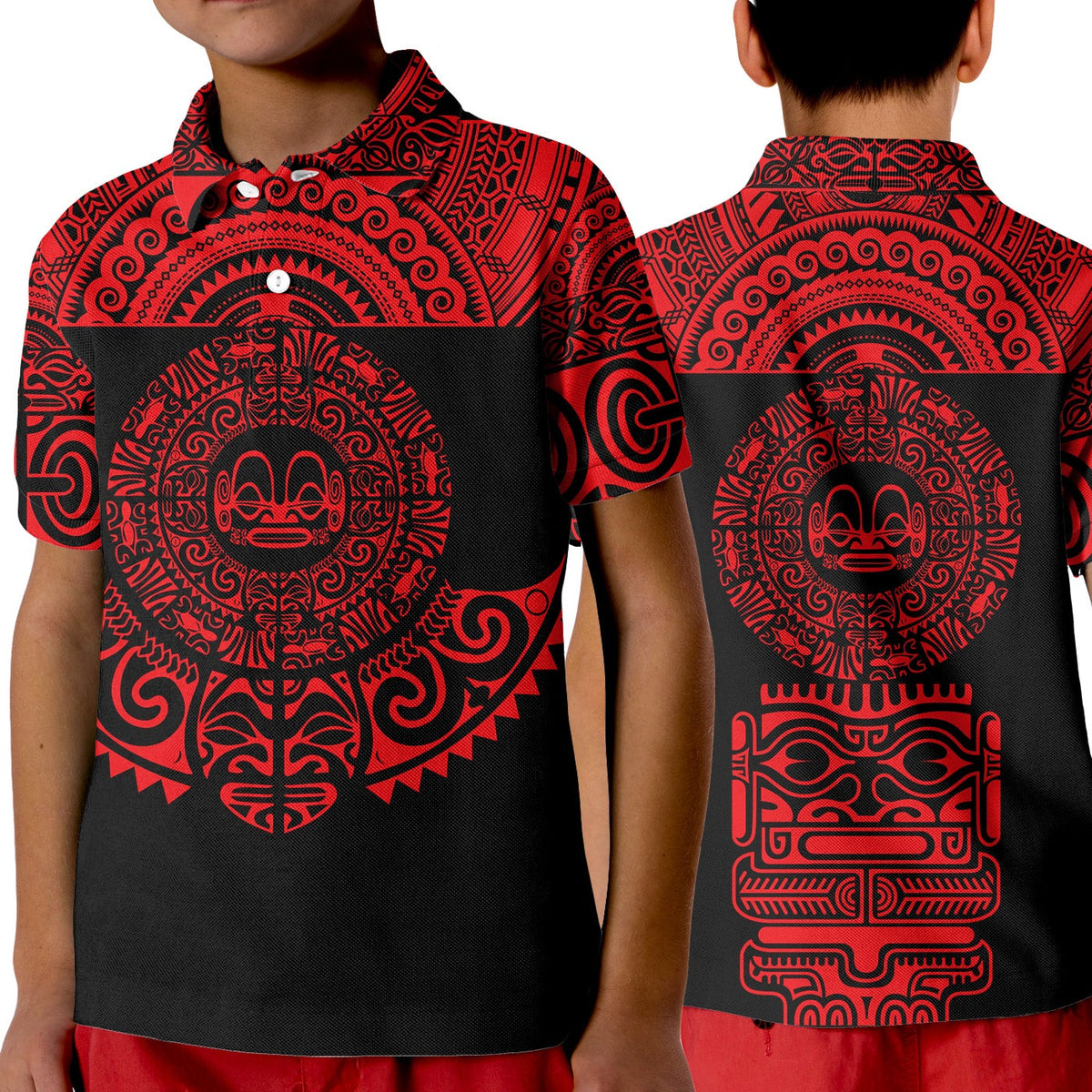 Kids red polo with black tribal tattoo graphic, front and back