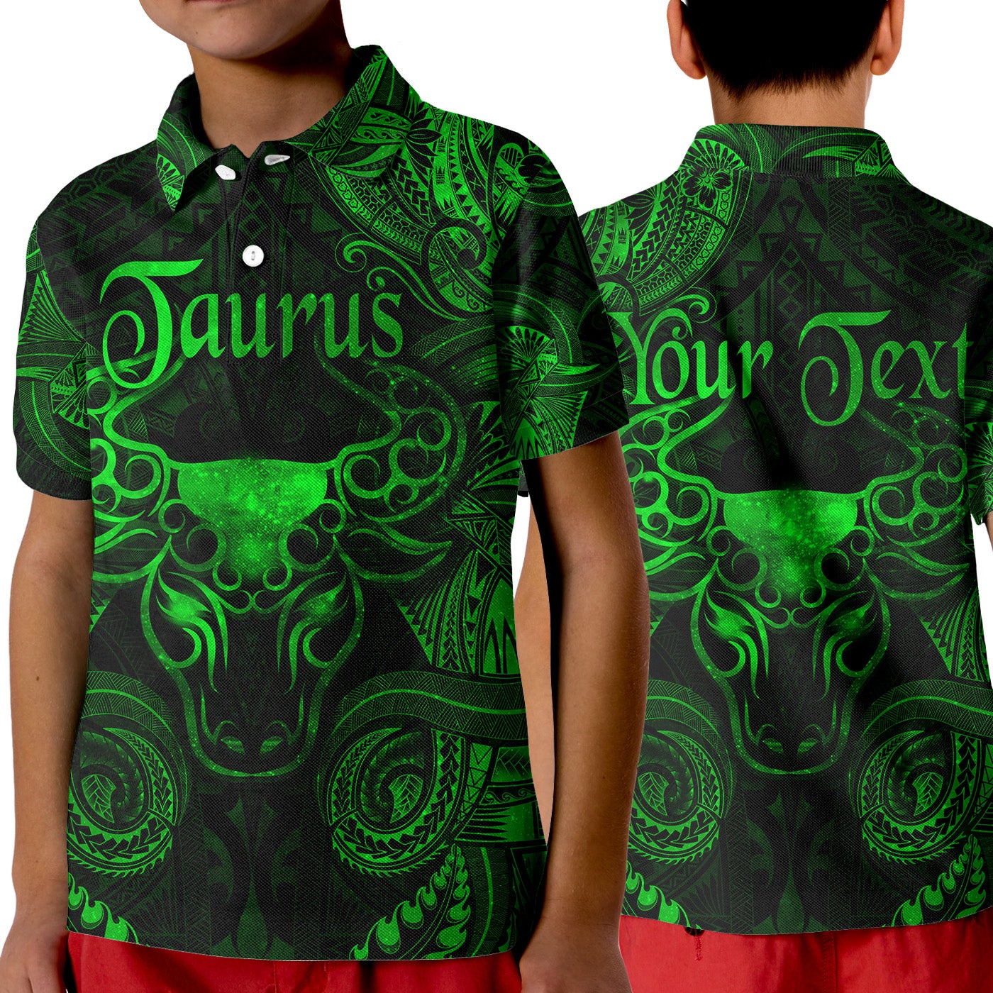 Custom Taurus Zodiac Polynesian Polo Shirt KID Unique Style Green LT8 - Wonder Print Shop