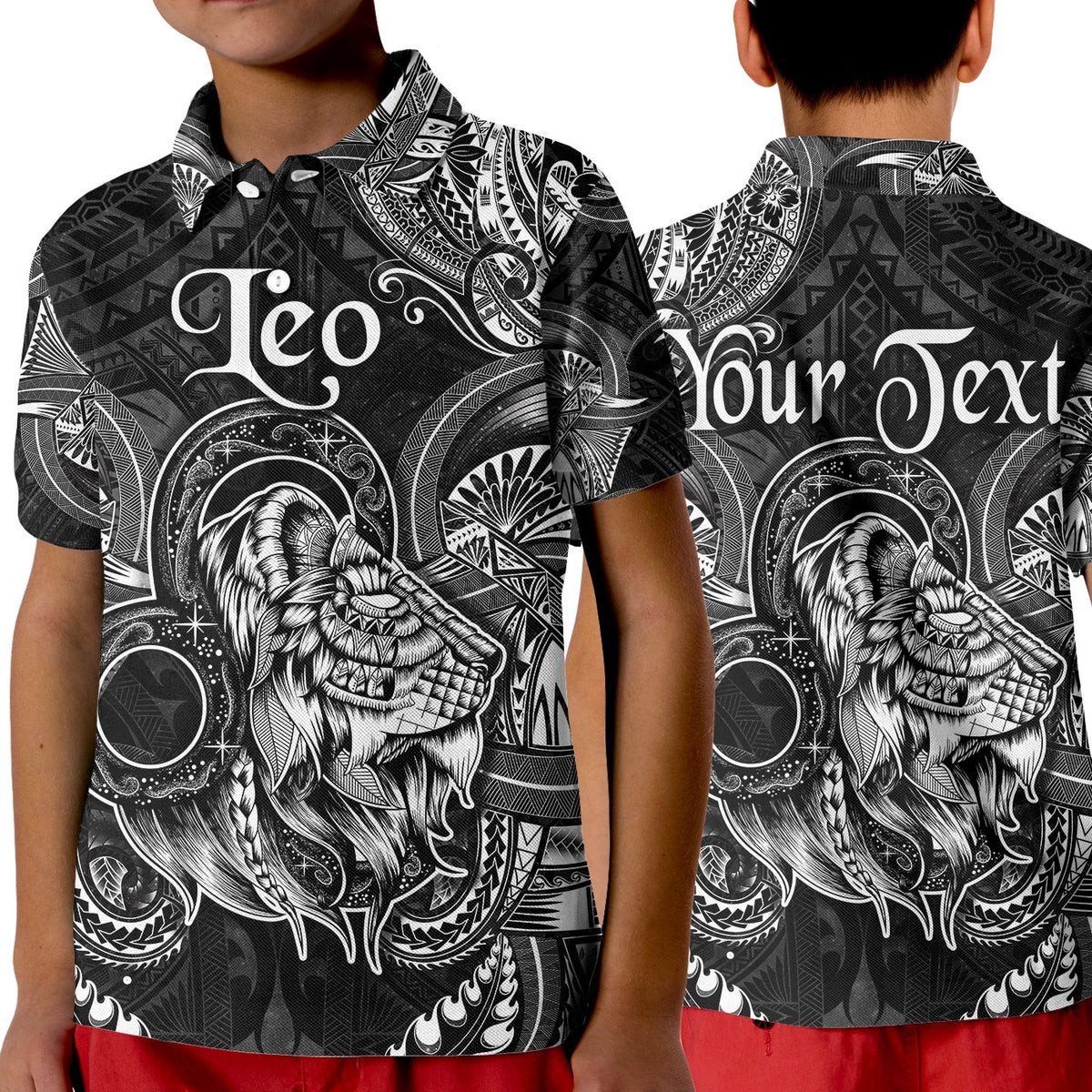 Kids black polo shirt with bold Leo zodiac Polynesian graphic and button collar