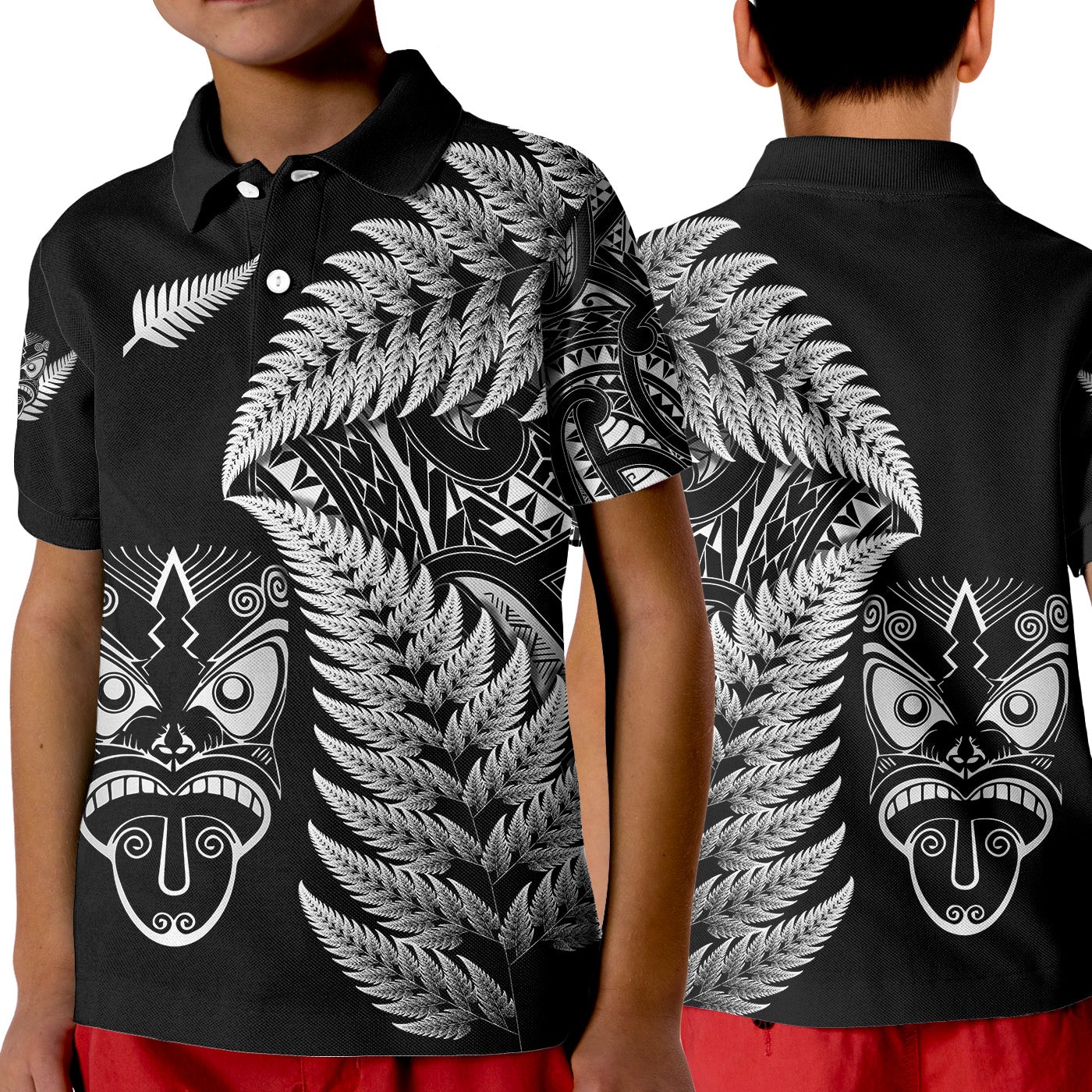 New Zealand Haka Rugby Maori Polo Shirt KID Silver Fern Vibes Black LT8 - Wonder Print Shop