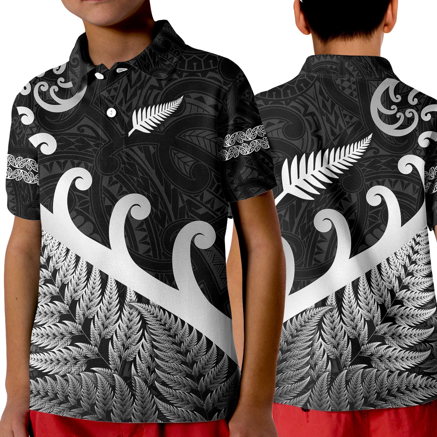 New Zealand Rugby Maori Polo Shirt KID Silver Fern Koru Vibes Black LT8 - Wonder Print Shop