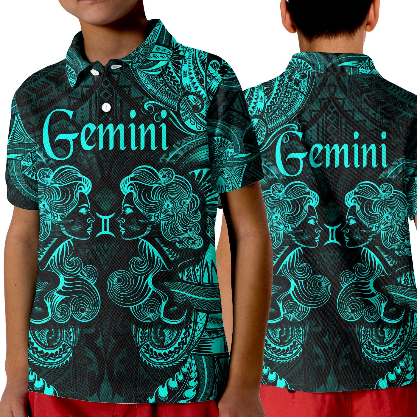 Gemini Zodiac Polynesian Polo Shirt KID Unique Style Turquoise LT8 - Wonder Print Shop