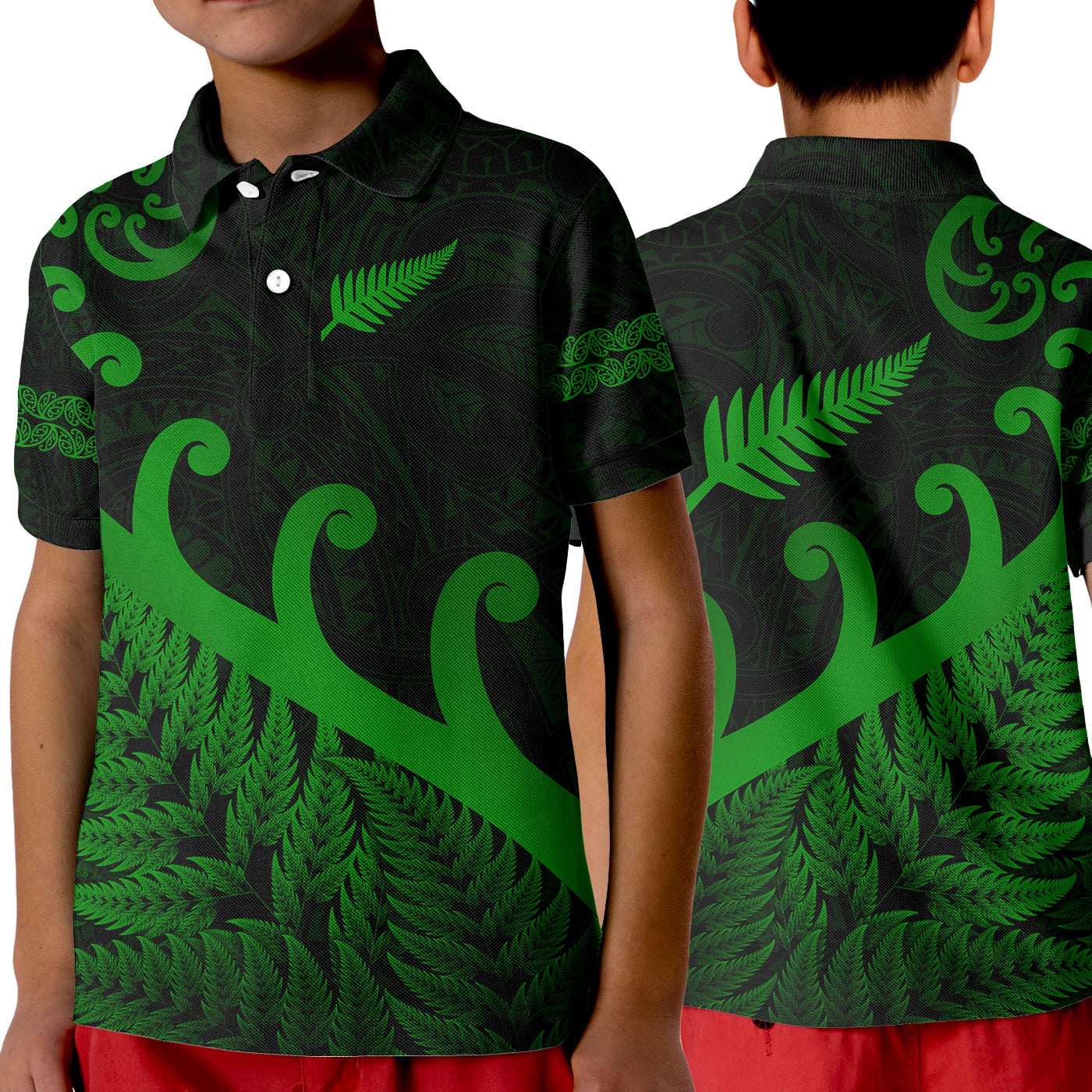 New Zealand Rugby Maori Polo Shirt KID Silver Fern Koru Vibes Green LT8 - Wonder Print Shop