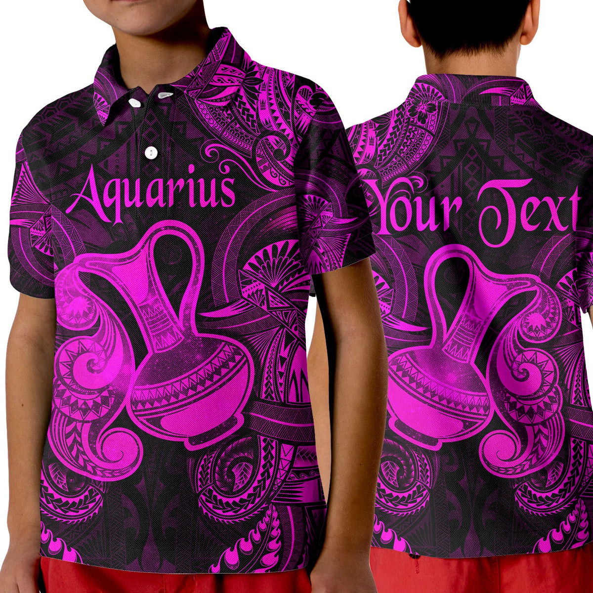 Kid polo shirt with Aquarius text and Polynesian-style pink patterned print