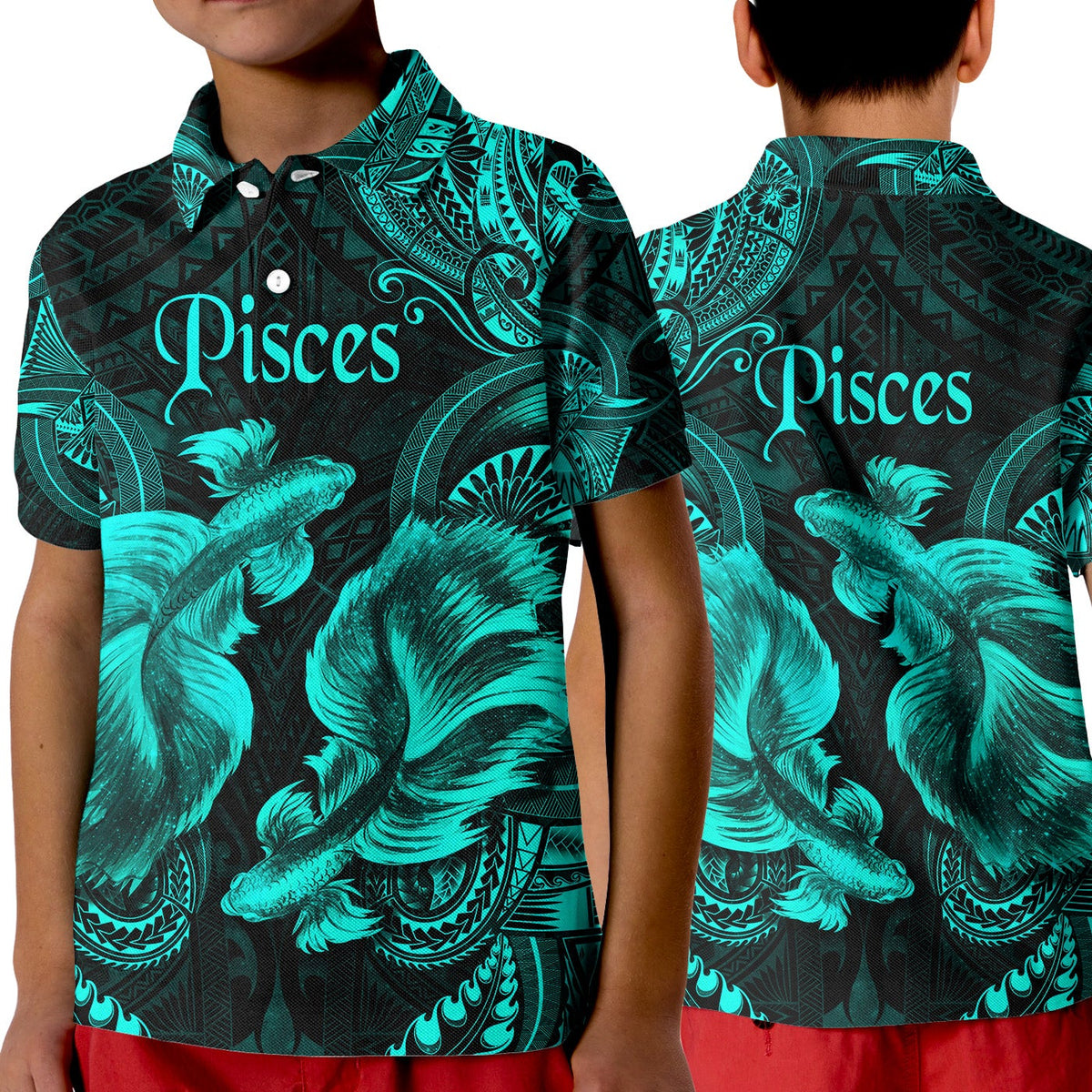 Kids turquoise polo shirt, black base with Pisces print and Polynesian-style pattern