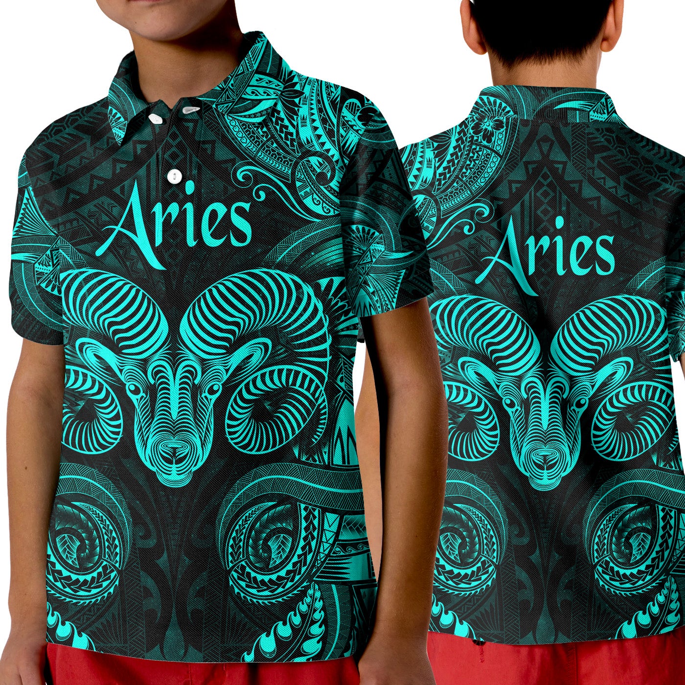 Aries Zodiac Polynesian Polo Shirt KID Unique Style Turquoise LT8 - Wonder Print Shop