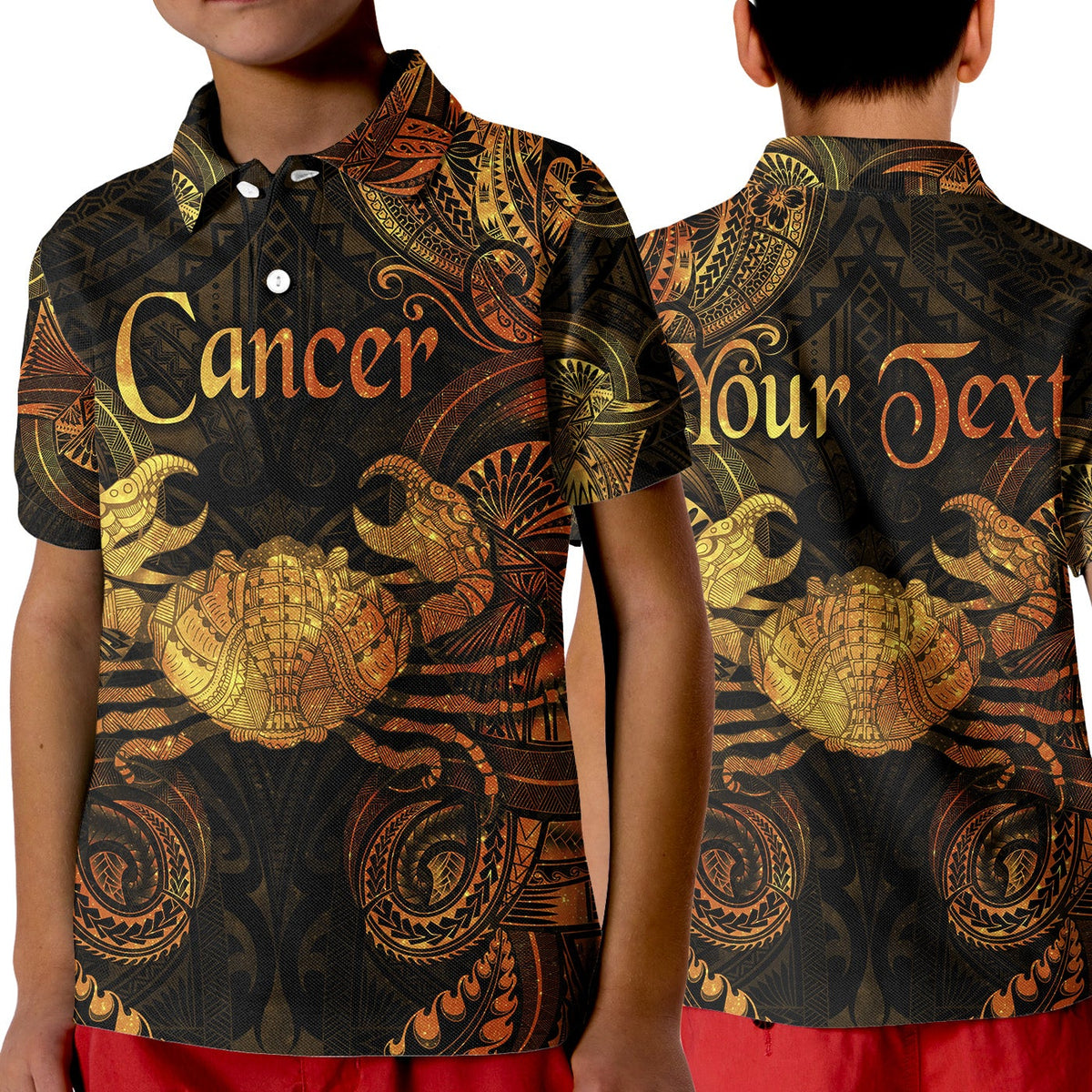 Kids poloshirt, dunkel mit gold-orangen Polineesischen Tribal-Zodiak-Designs, Kragenknöpfe