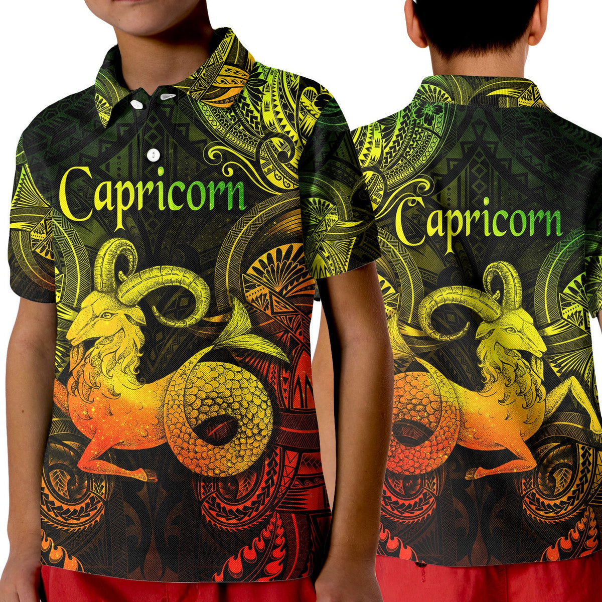 Kid black polo shirt with Polynesian Capricorn lizard and fire motif, green yellow red print