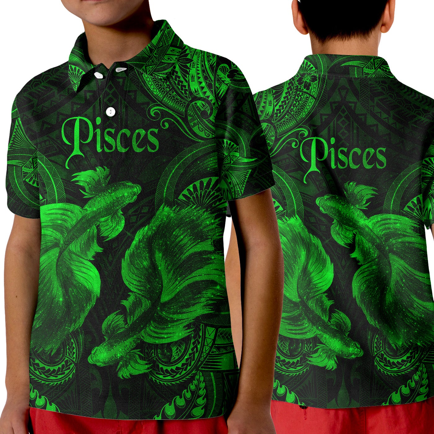 Pisces Zodiac Polynesian Polo Shirt KID Unique Style Green LT8 - Wonder Print Shop