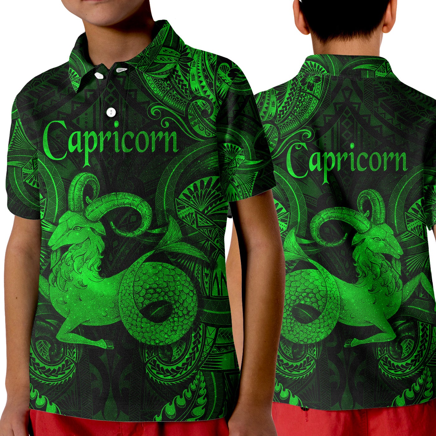 Capricorn Zodiac Polynesian Polo Shirt KID Unique Style Green LT8 - Wonder Print Shop