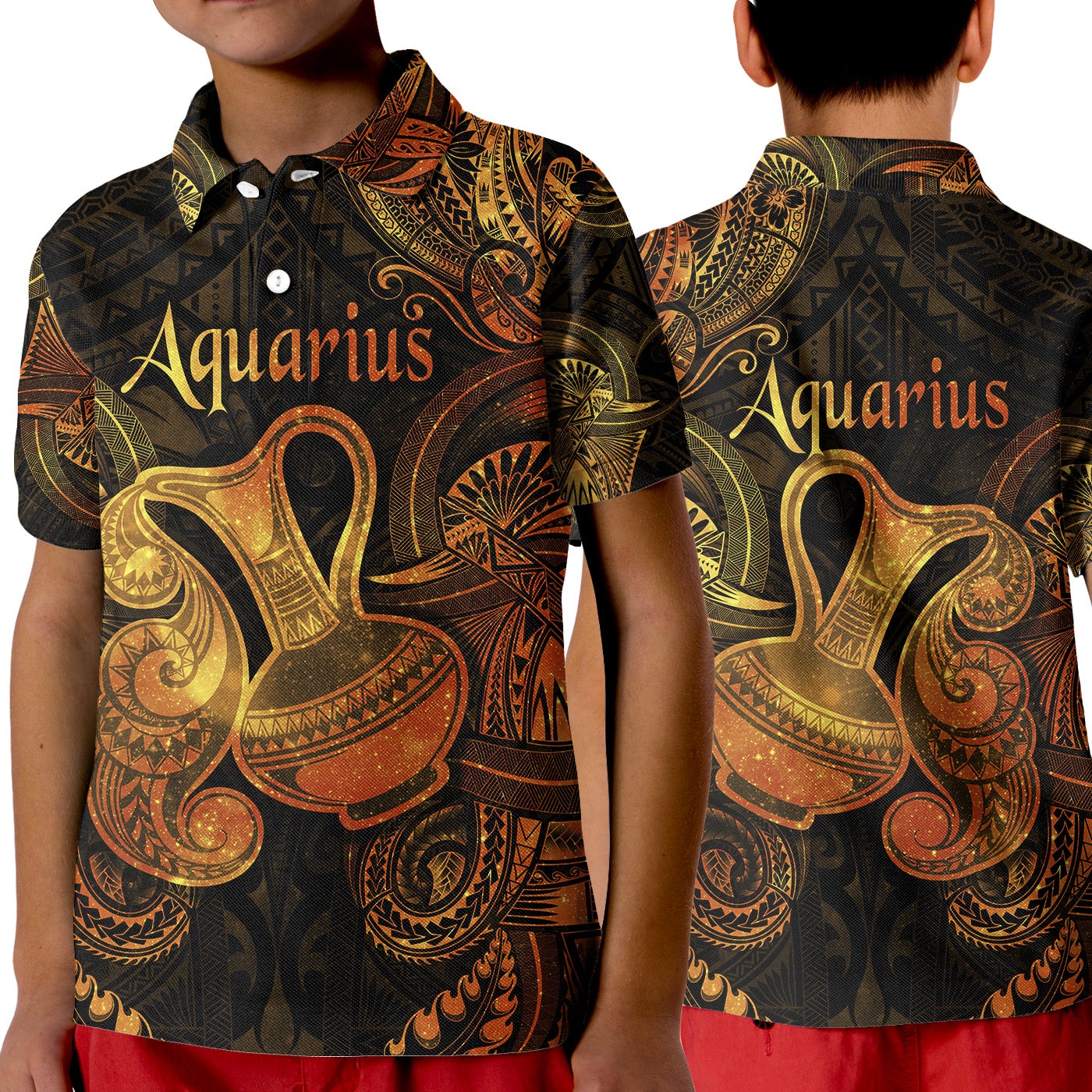 Aquarius Zodiac Polynesian Polo Shirt KID Unique Style Gold LT8 - Wonder Print Shop