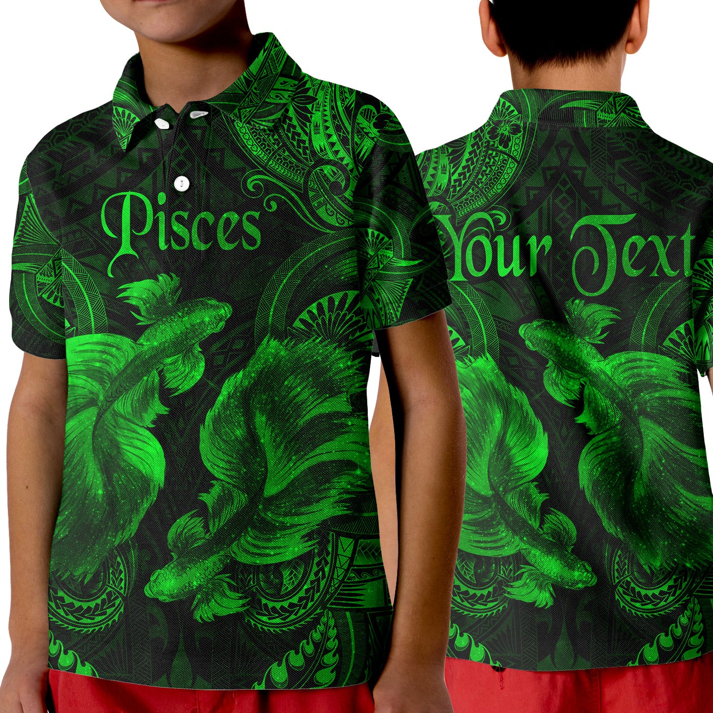 Custom Pisces Zodiac Polynesian Polo Shirt KID Unique Style Green LT8 - Wonder Print Shop