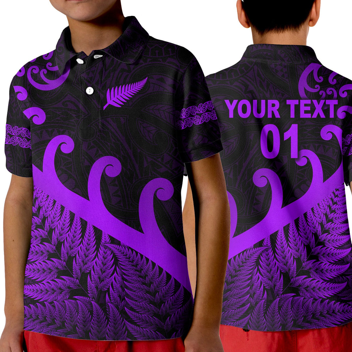 Kids purple polo shirt with black Maori swirl, fern and koru graphics, button placket