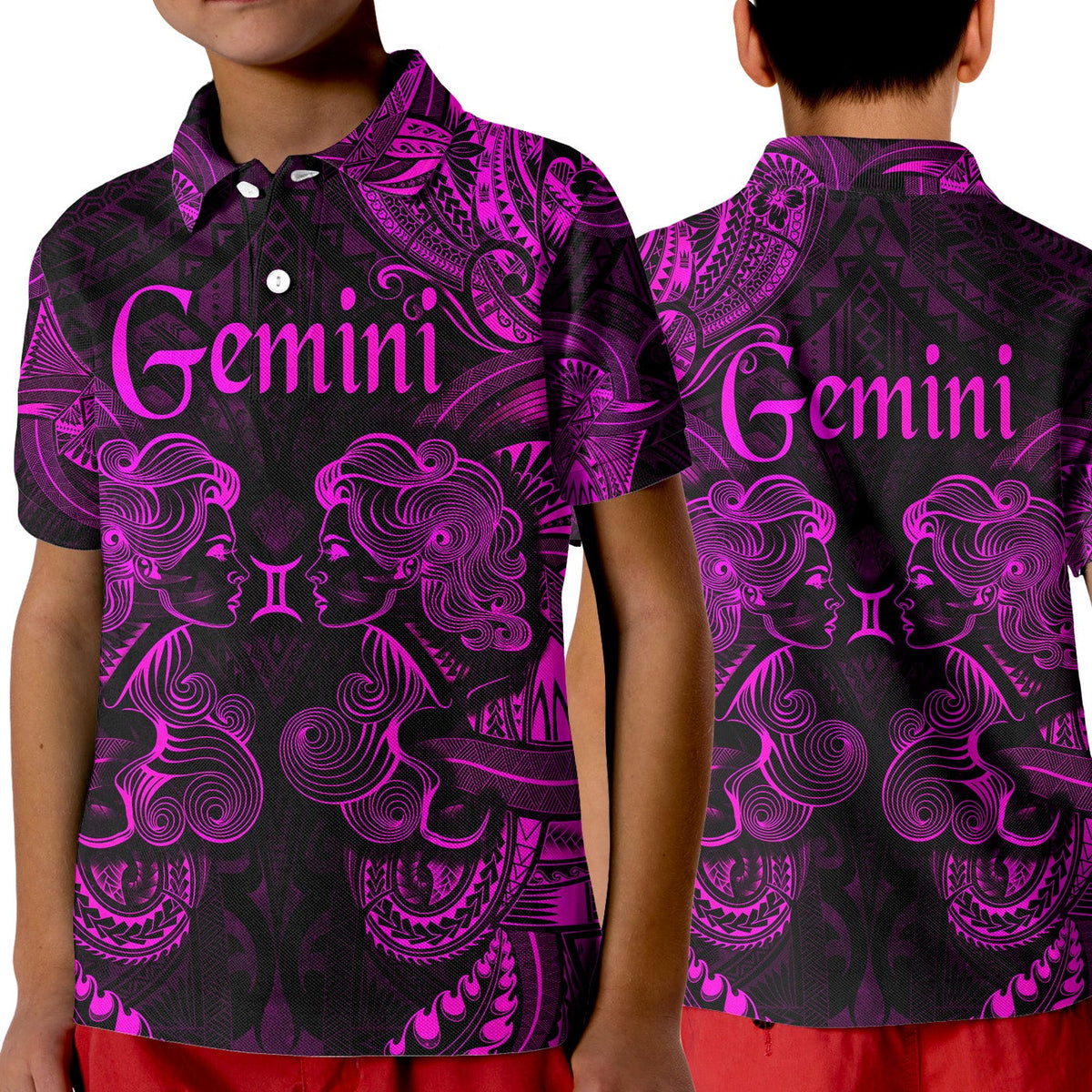 Kids polo shirt with black base and purple/pink Gemini graphic, short sleeves, button placket
