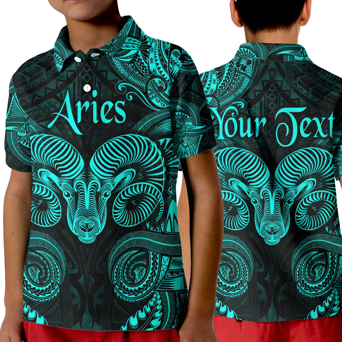 Kids turquoise and black Aries zodiac polo with Polynesian tribal print and buttons