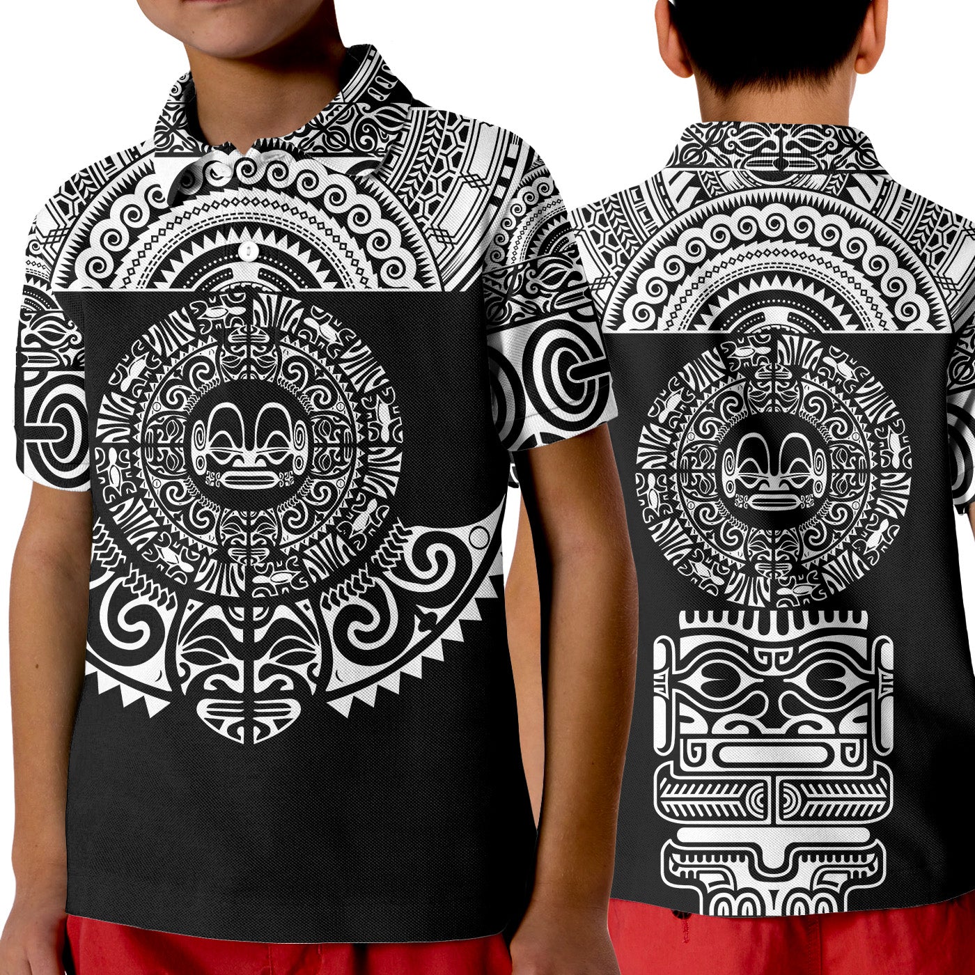 Marquesas Islands Polo Shirt KID Marquesan Tattoo Simplified Version Black LT8 - Wonder Print Shop