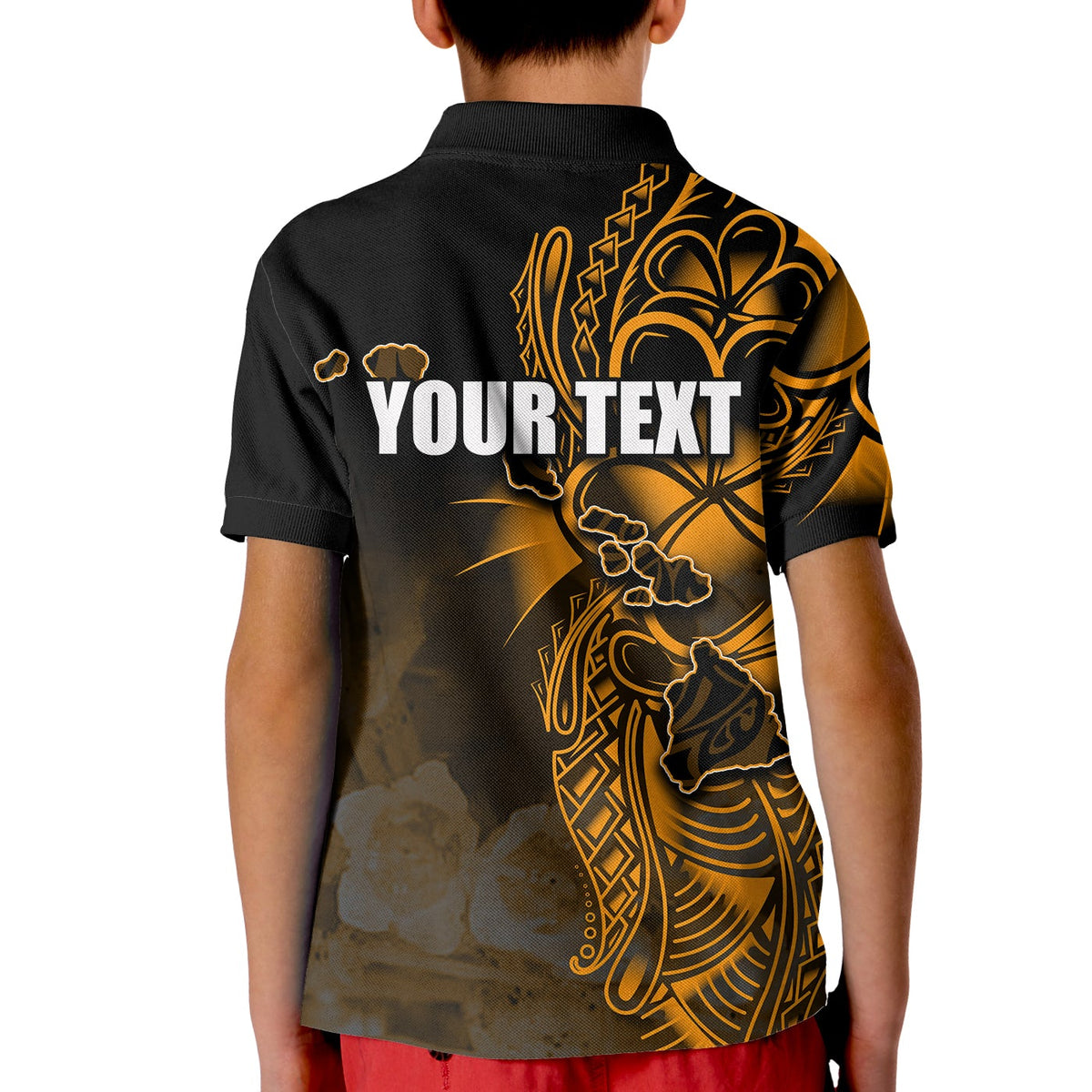 Kids black polo shirt back view with 'YOUR TEXT' and orange/gold island design