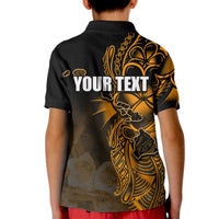 Kids black polo shirt back view with 'YOUR TEXT' and orange/gold island design