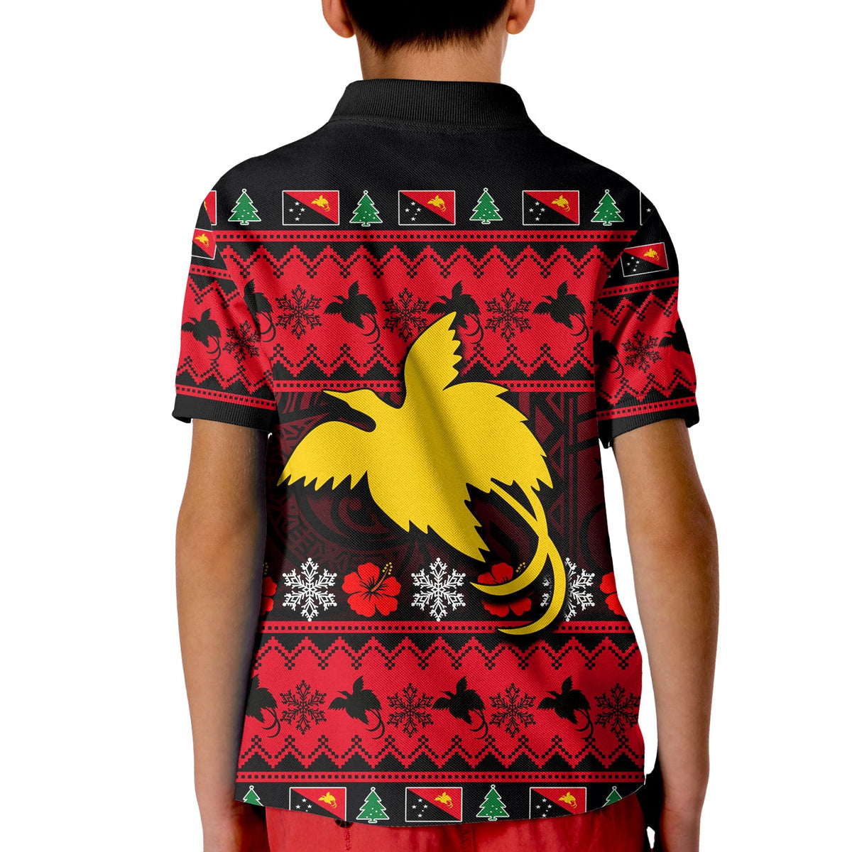 Kids red and black polo back with large yellow bird graphic and festive pattern