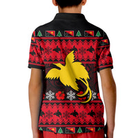 Kids red and black polo back with large yellow bird graphic and festive pattern
