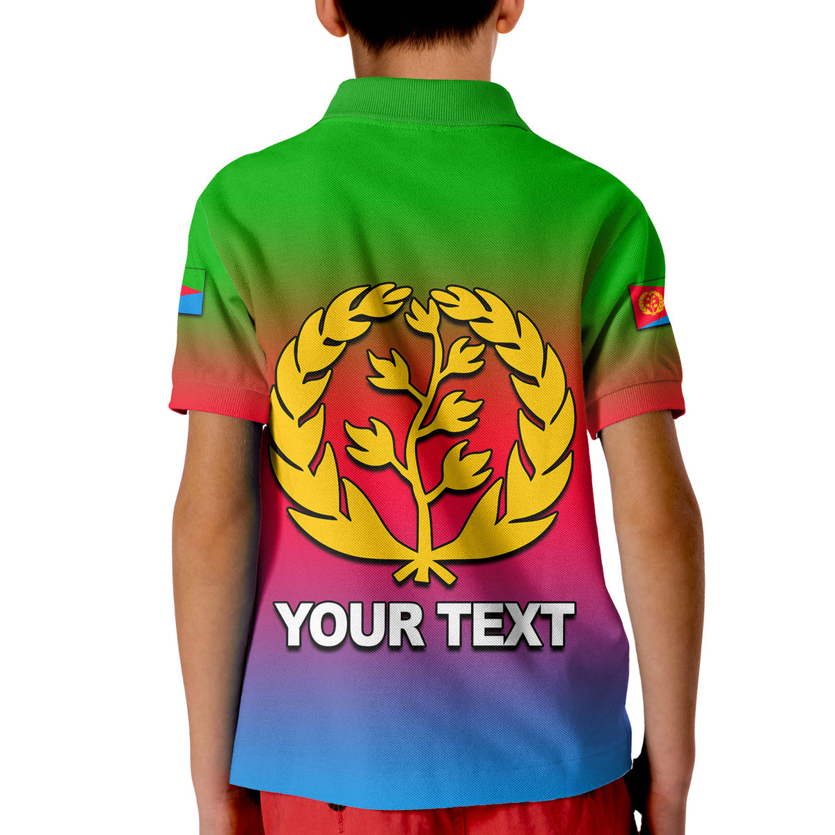 Kids’ polo back: Eritrea tree emblem and “YOUR TEXT” on red-blue gradient