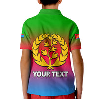 Kids’ polo back: Eritrea tree emblem and “YOUR TEXT” on red-blue gradient