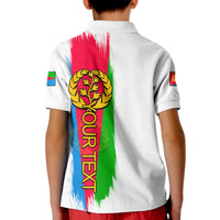 Kids white polo shirt back view with Eritrea graphic, crest, and vertical flag stripes