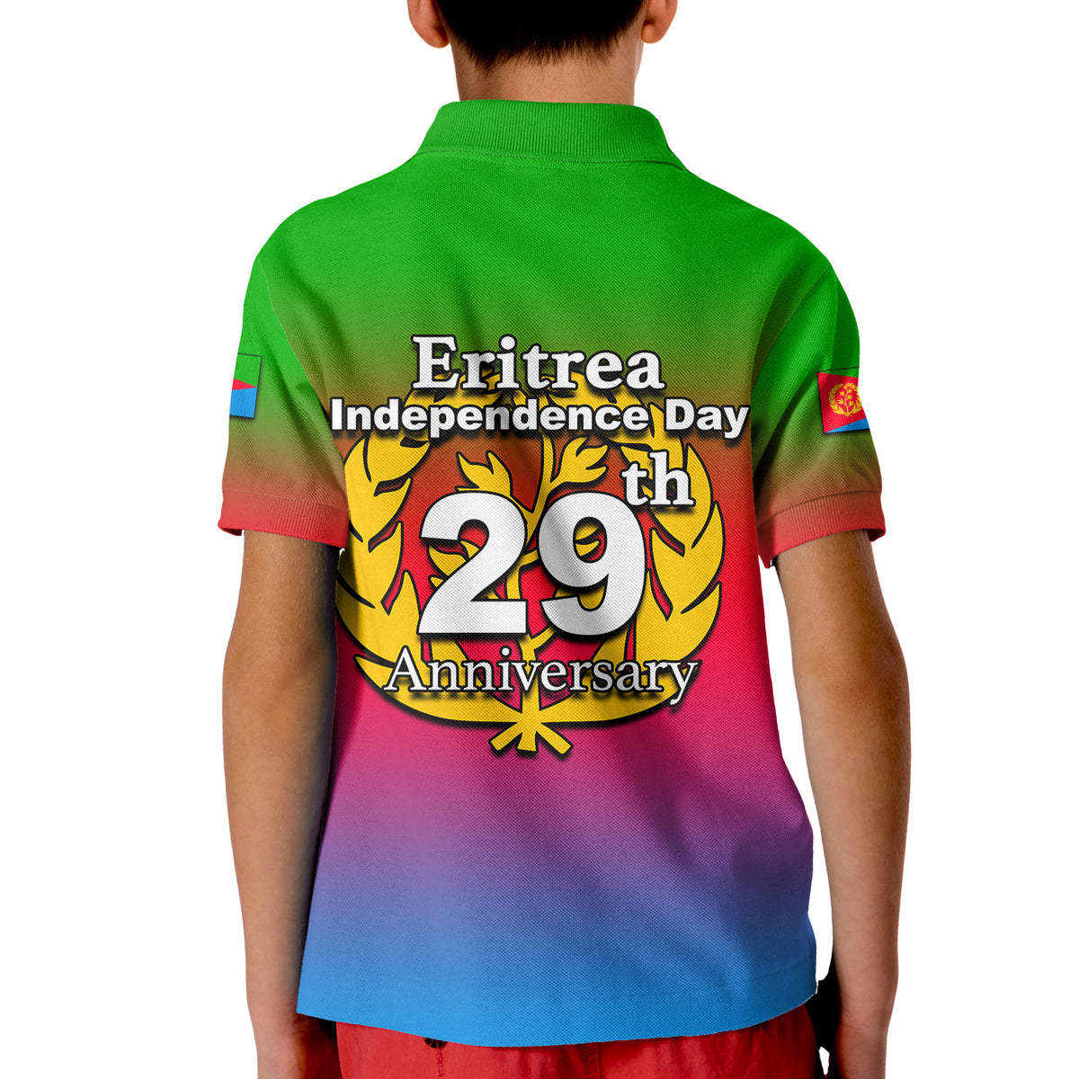 Kids polo shirt back view: 'Eritrea Independence Day 29th Anniversary' text, green collar