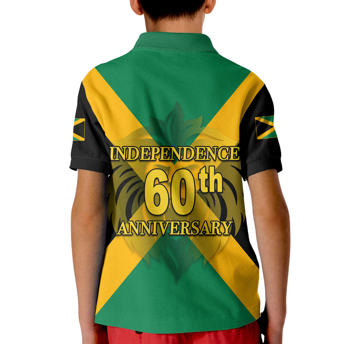 Kids green polo back with Independence 60th Anniversary text, yellow/black side panels