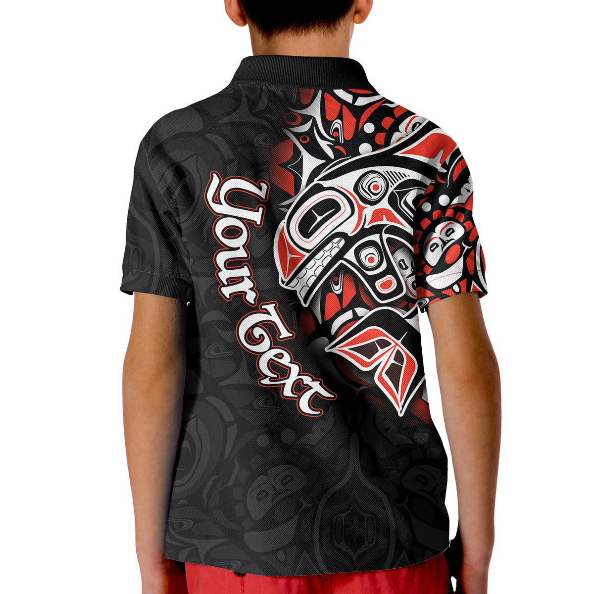 Kid polo shirt black with red-and-white killer whale Haida graphic on back