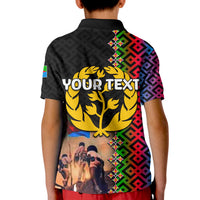 Kids black polo back with golden laurel emblem, YOUR TEXT, and photo print