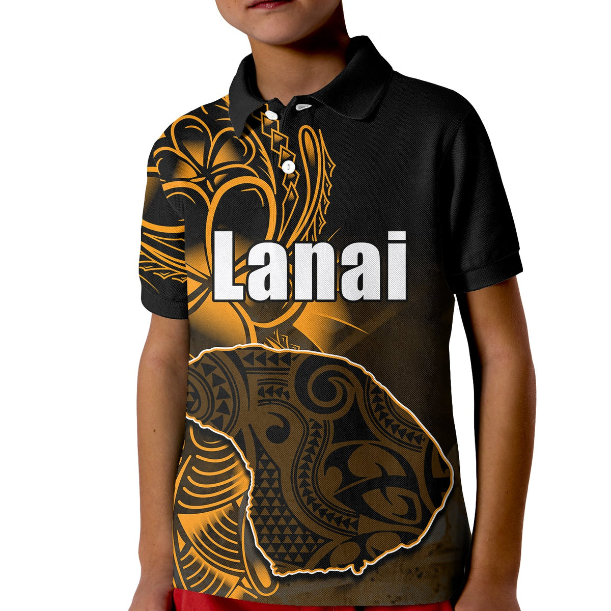 Kids black polo shirt with orange/gold 'Lanai' graphic on front
