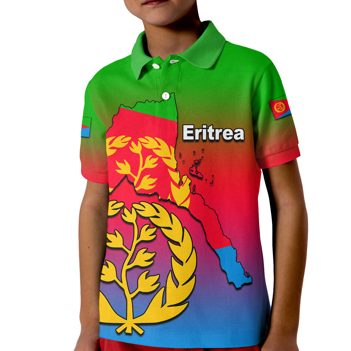 Kids’ polo in red-green-blue gradient with Eritrea map and “Eritrea” text