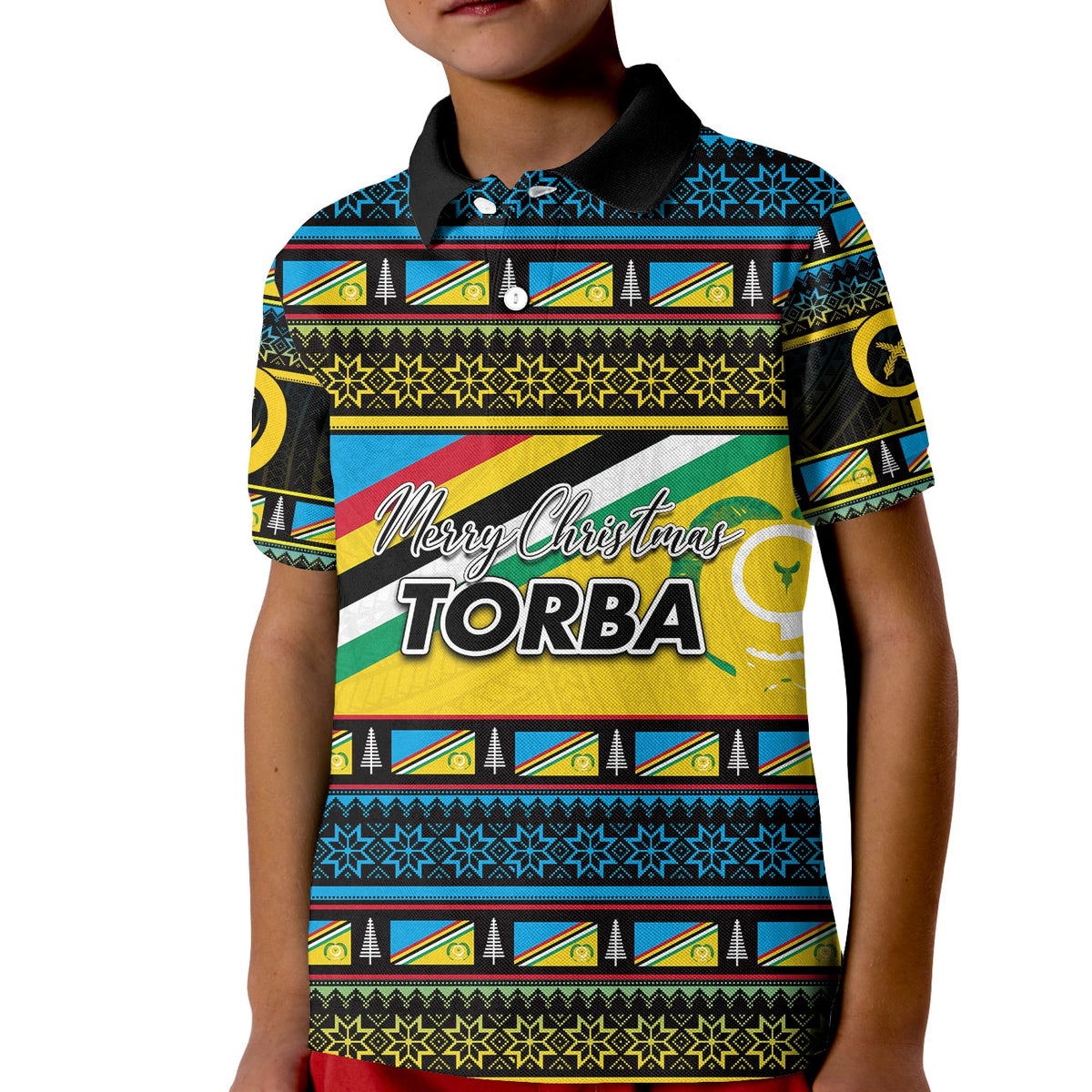 Kids blue polo with Torba Christmas graphic and Merry Christmas text, short sleeves