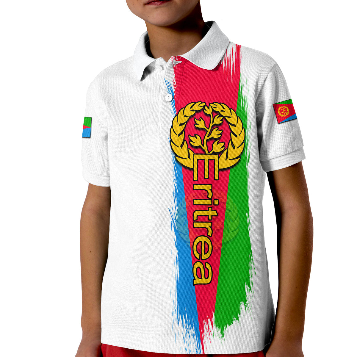 Kids white polo shirt with Eritrea flag-style graphic and crest emblem on front