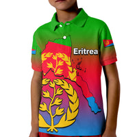Kids polo shirt, green collar; Eritrea front graphic in red, yellow, blue