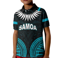 Kids' polo shirt with dark teal and teal tribal pattern, SAMOA graphic front