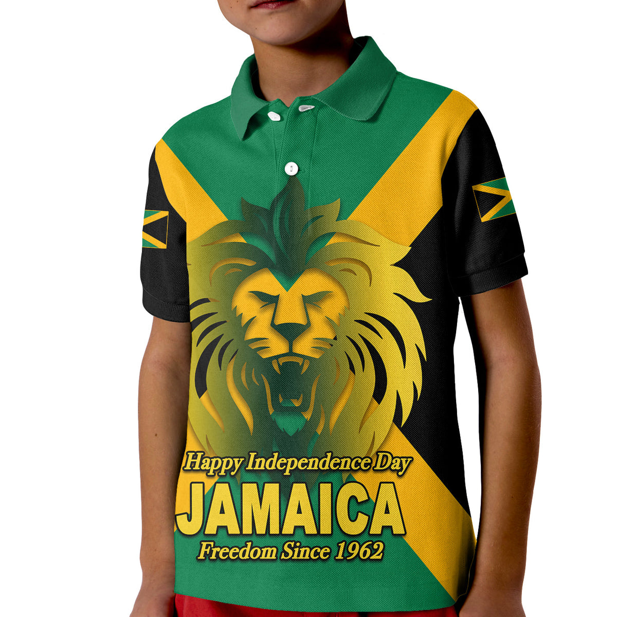 Kids green polo with lion graphic and “Jamaica” Independence Day text, yellow/black sides