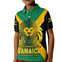 Kids green polo with lion graphic and “Jamaica” Independence Day text, yellow/black sides
