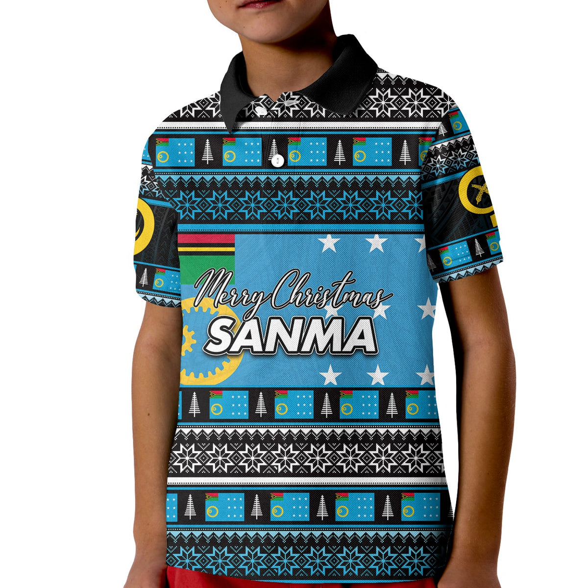 Kids blue polo shirt with black collar, festive Christmas Sanma graphic front
