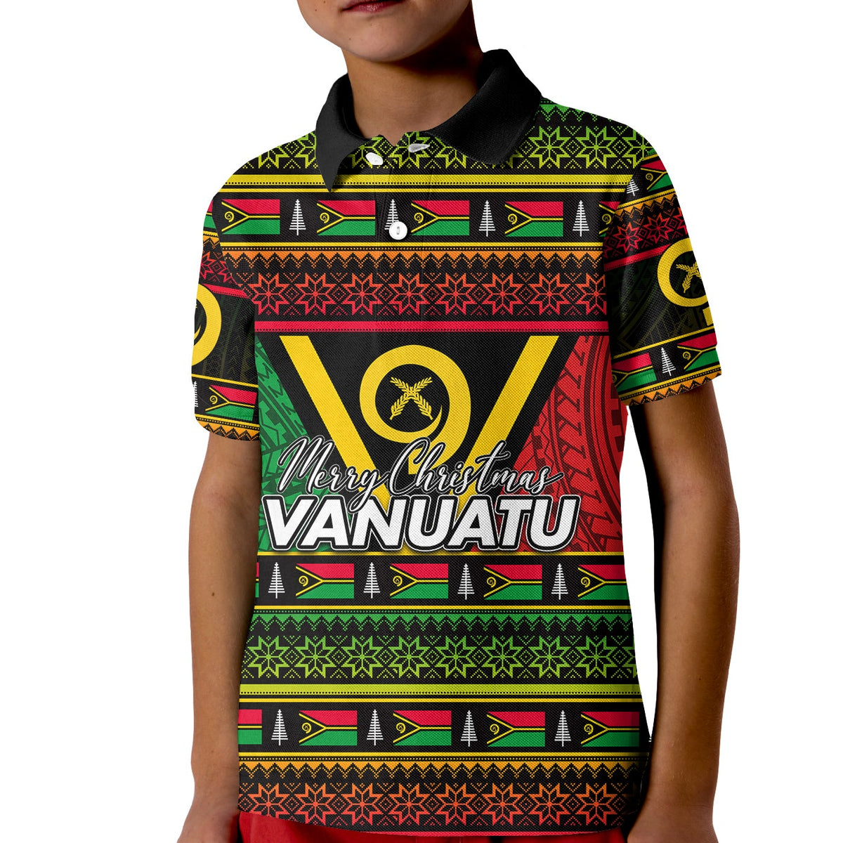 Kids red polo: black base with Vanuatu holiday graphic, short sleeves, collar