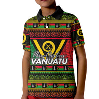 Kids red polo: black base with Vanuatu holiday graphic, short sleeves, collar
