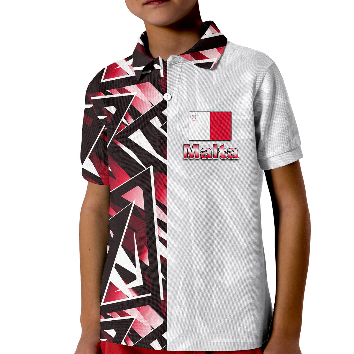 Kids polo shirt, white with red and black graphic side stripe; Malta crest on front