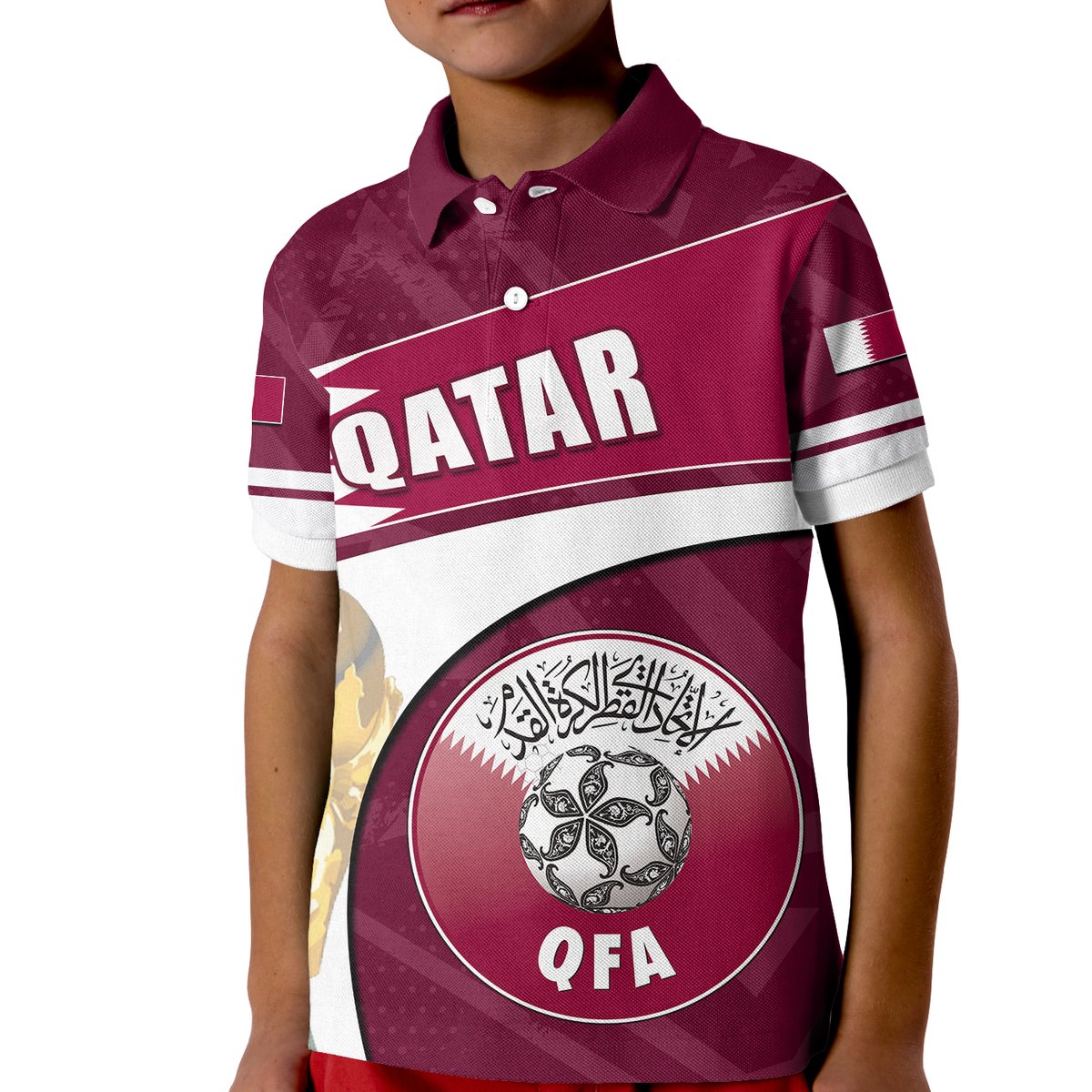 Kids maroon polo shirt with white chest panel, button collar, QFA crest logo