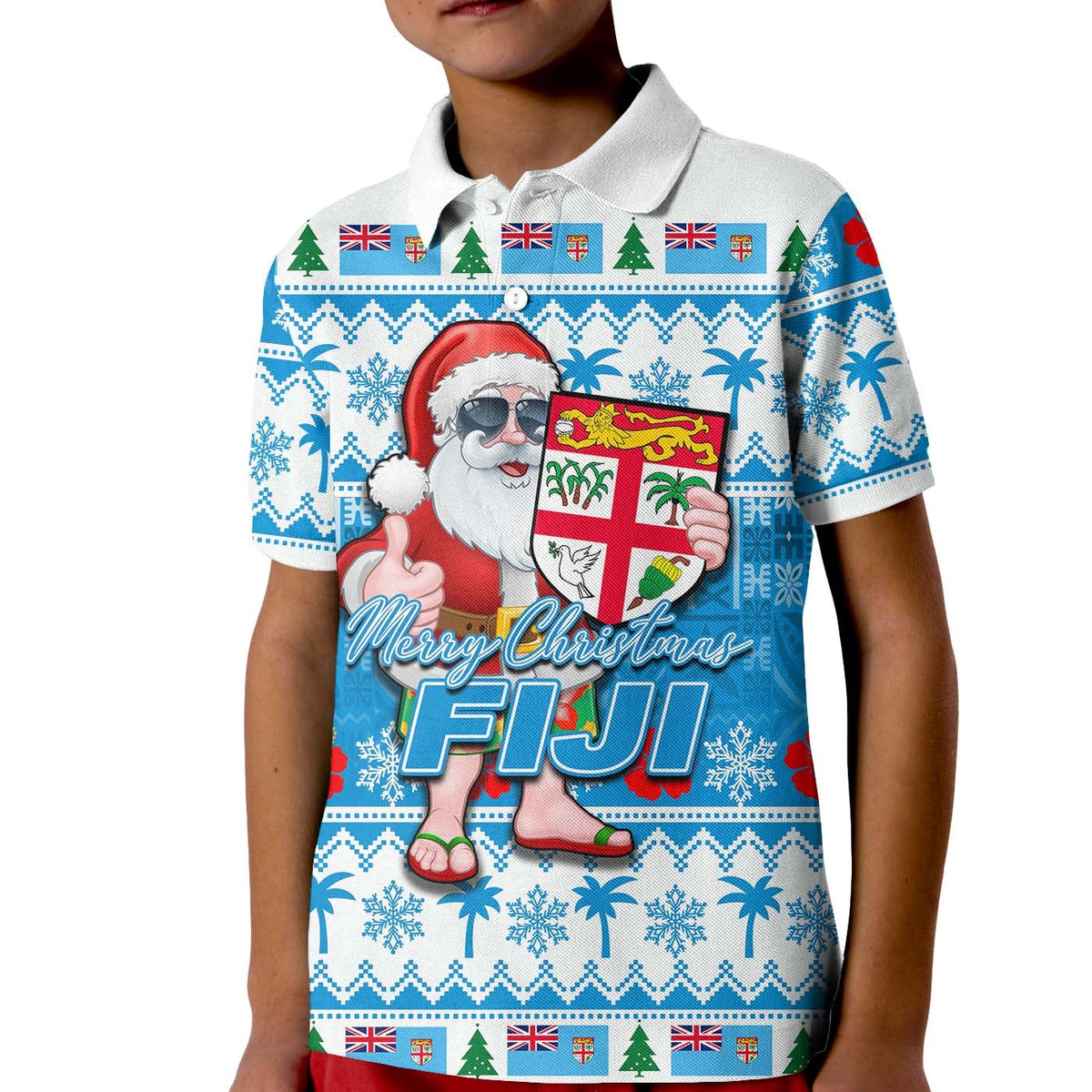 Kid blue polo with white collar; Merry Christmas Santa front graphic with flags and trees