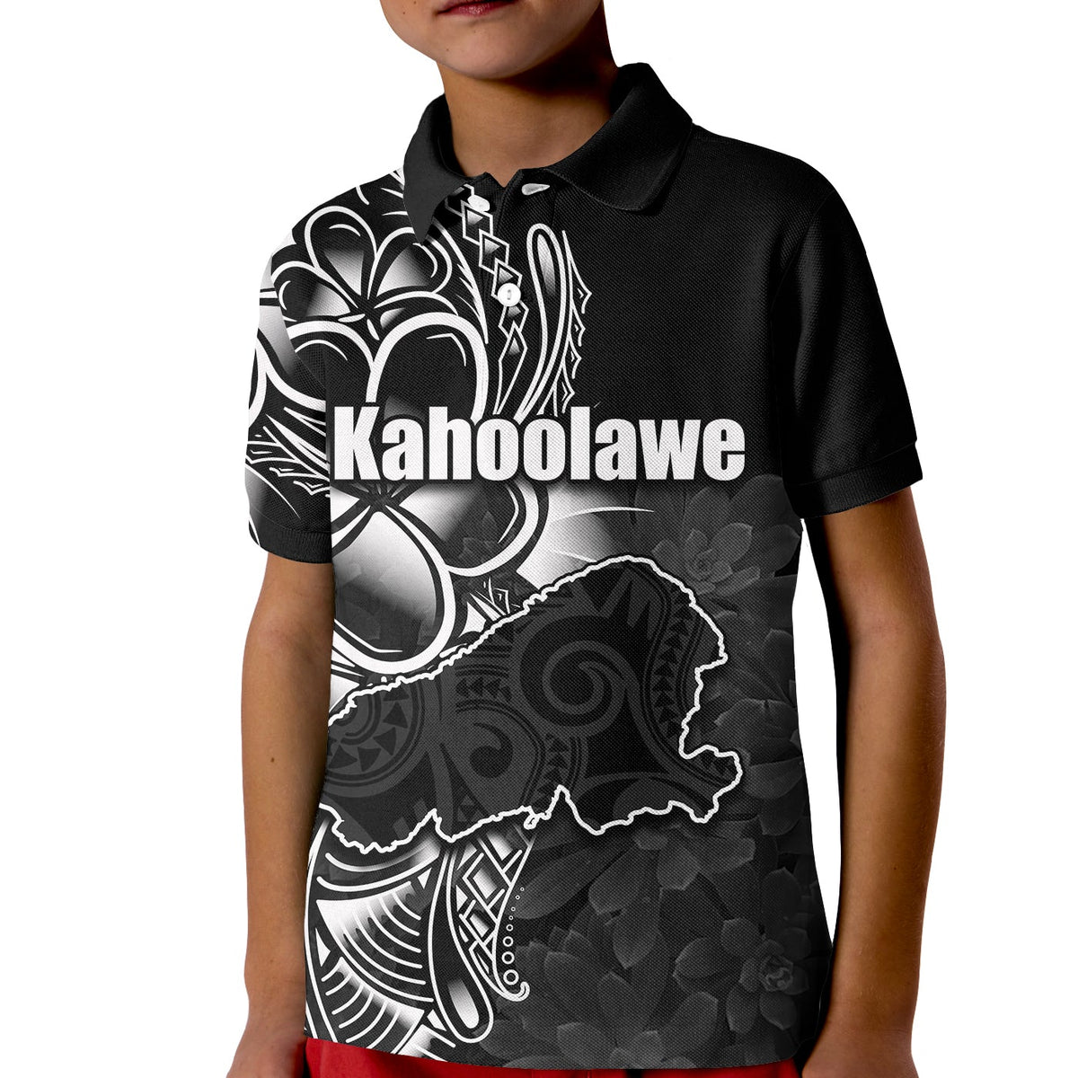 Kid black polo shirt with Kahoolawe island graphic on front
