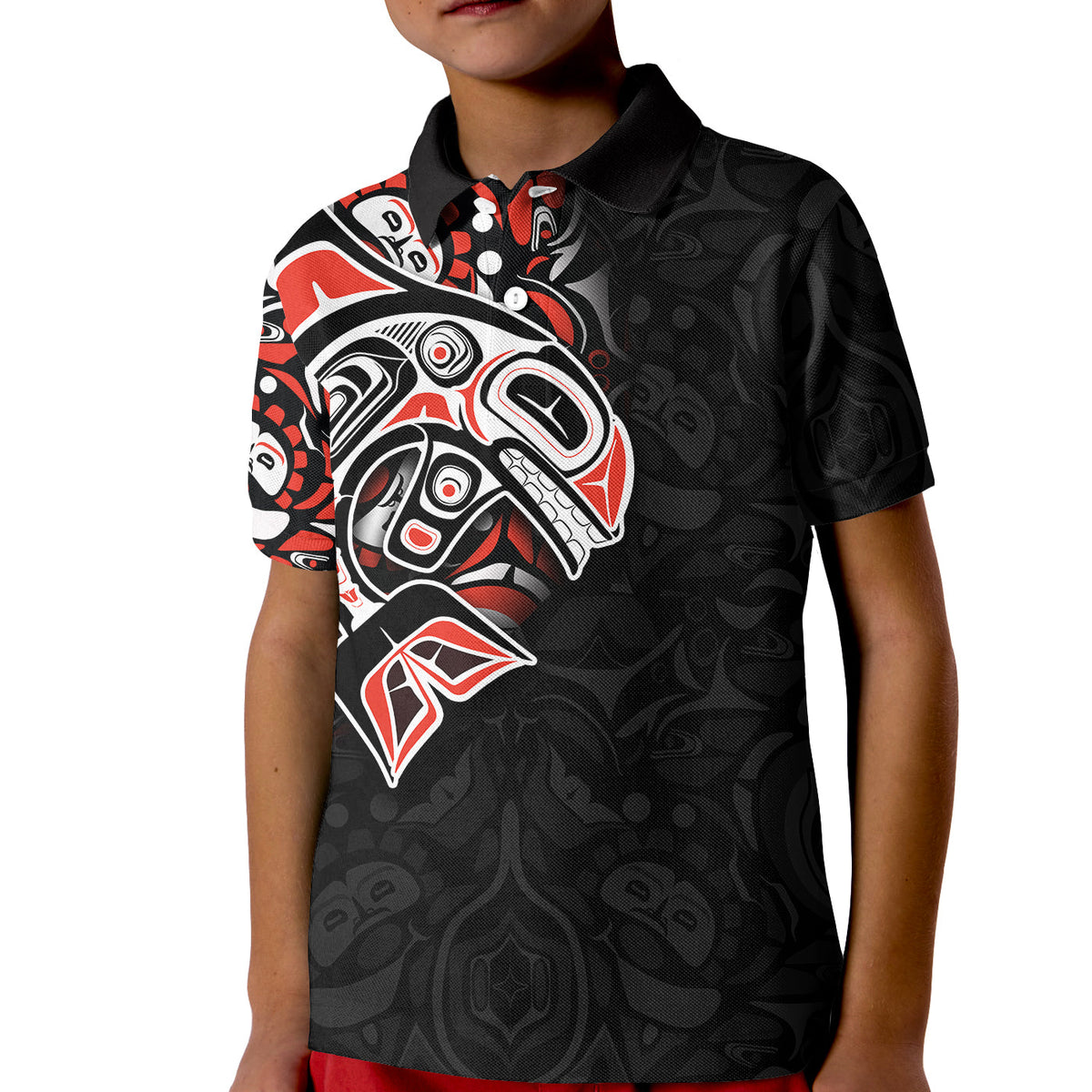 Kid polo shirt black with red-and-white killer whale Haida graphic on front