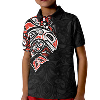 Kid polo shirt black with red-and-white killer whale Haida graphic on front