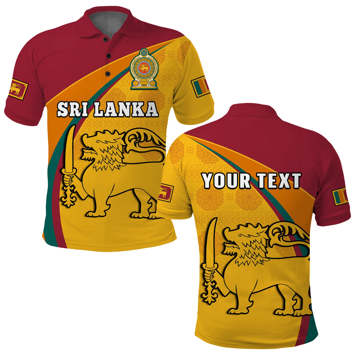 Burgundy and yellow Sri Lanka polo shirt with lion graphic and crest print