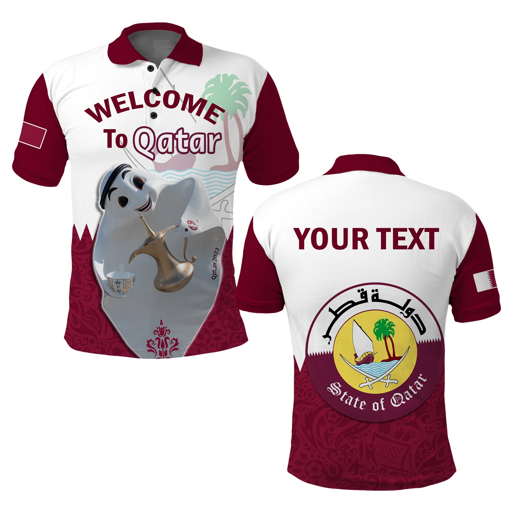 Custom Qatar Polo Shirt Laeeb Mascot Football 2022 Welcome To Qatari - Wonder Print Shop